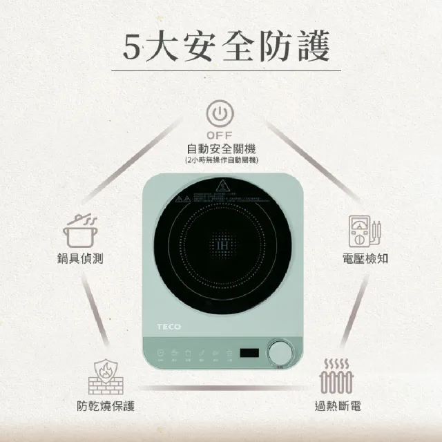 【TECO 東元】美型旋鈕觸控IH變頻電磁爐 YJ1225CBG / YJ1226CBP(莫蘭迪綠/櫻花粉)