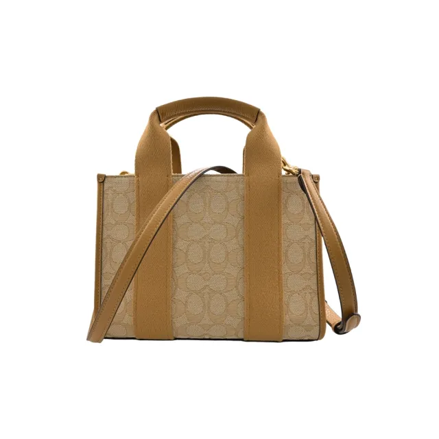 【COACH】SMITH LOGO字織帶手提/斜背立體托特方包(淺卡其/C LOGO緹花布/小款)