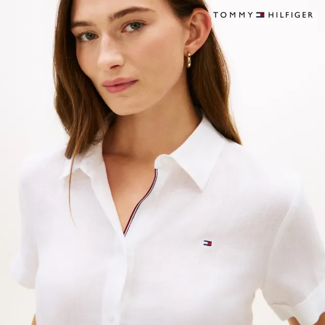 【TOMMY HILFIGER】官方旗艦館寬版亞麻短袖襯衫_裸色