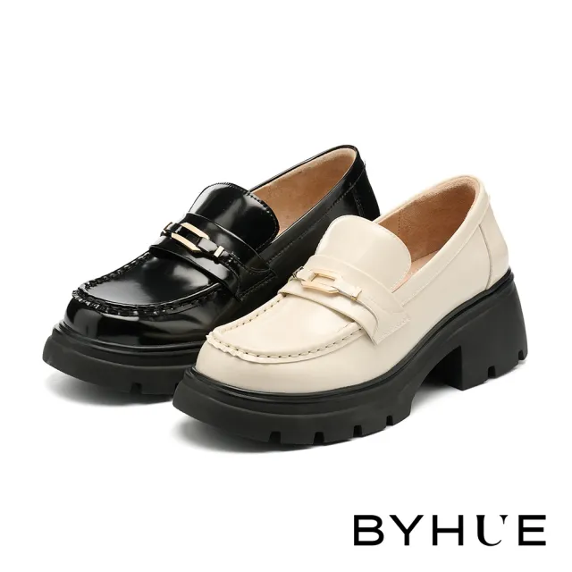 【BYHUE】別致時尚金屬釦寬帶開邊珠牛皮樂福軟芯厚底鞋(黑)