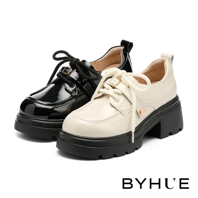【BYHUE】奶油純欲風多穿活動條帶牛漆皮綁帶軟芯厚底鞋(米白)