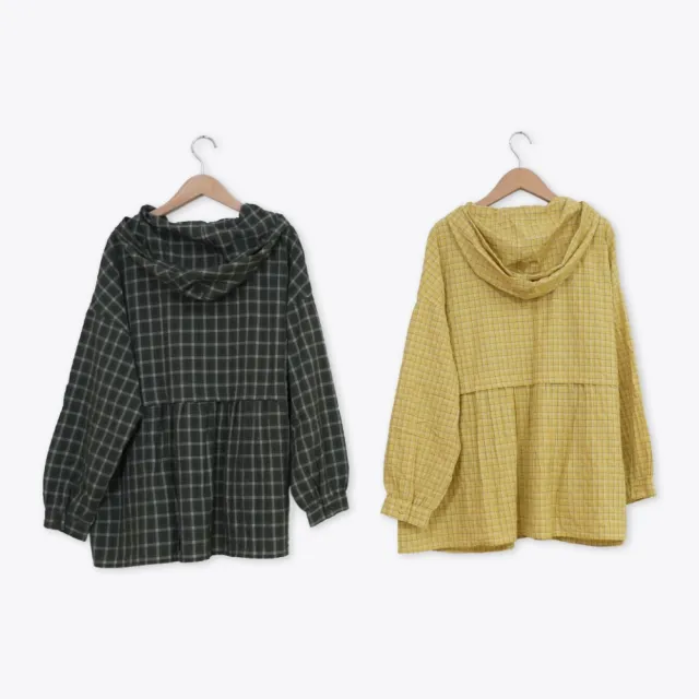 【MOSS CLUB】格子連帽開襟長袖襯衫 綠 黃
