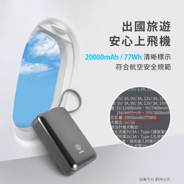 【aibo】20000mAh 65W自帶線大容量雙向快充行動電源(筆電充電)