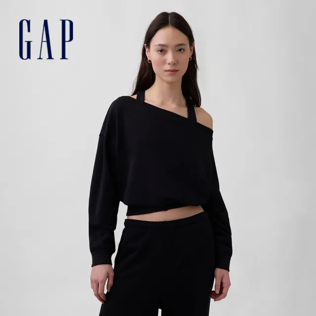 【GAP】VintageSoft毛圈布寬版開領短版運動衫-黑色(887619)