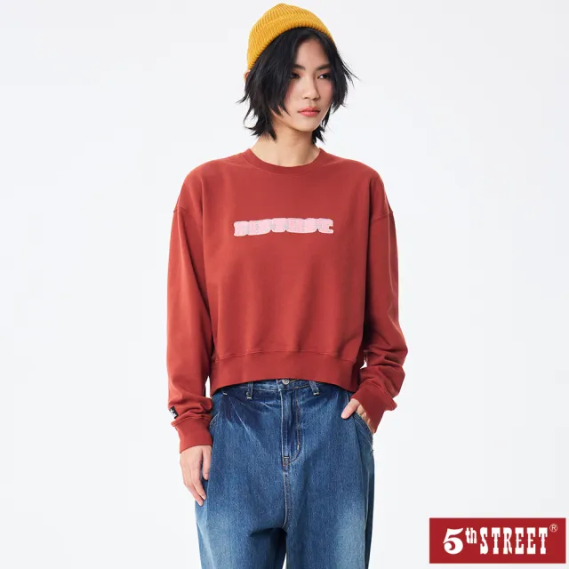 【5th STREET】雙11 女裝 長袖 短版上衣 大學t 紅色(560976)