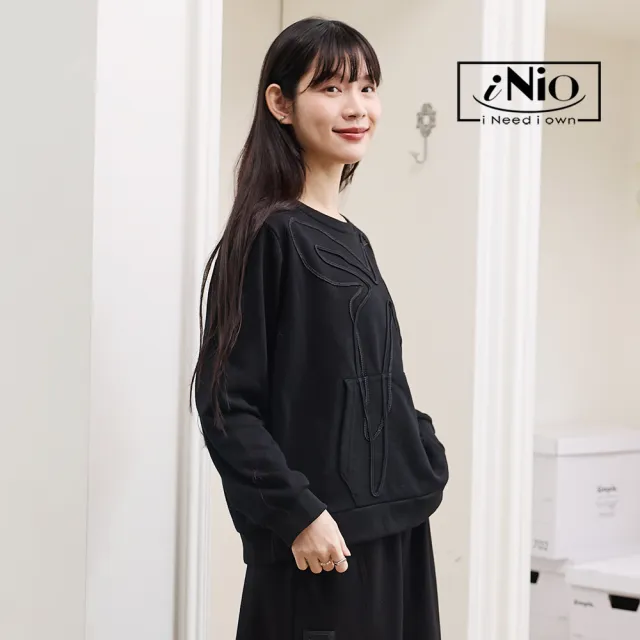 【iNio 衣著美學】立體線條拼接 落肩寬鬆長袖上衣 舒適棉質 休閒上衣 CDW1827