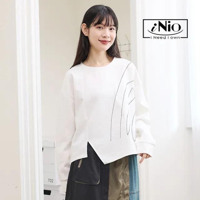 【iNio 衣著美學】不規則線條刺繡 落肩長袖上衣 側開衩設計 寬鬆修飾 棉質上衣 CEW1857