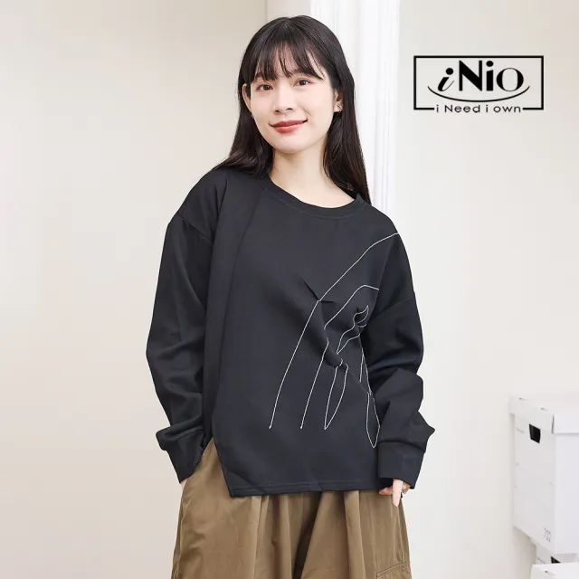 【iNio 衣著美學】不規則線條刺繡 落肩長袖上衣 側開衩設計 寬鬆修飾 棉質上衣 CEW1857