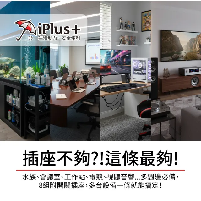 【iPlus+ 保護傘】9開8插3P防塵抗雷擊旋轉插頭延長線1.2M(PU-3987S 斜面開關.台灣製.防火)