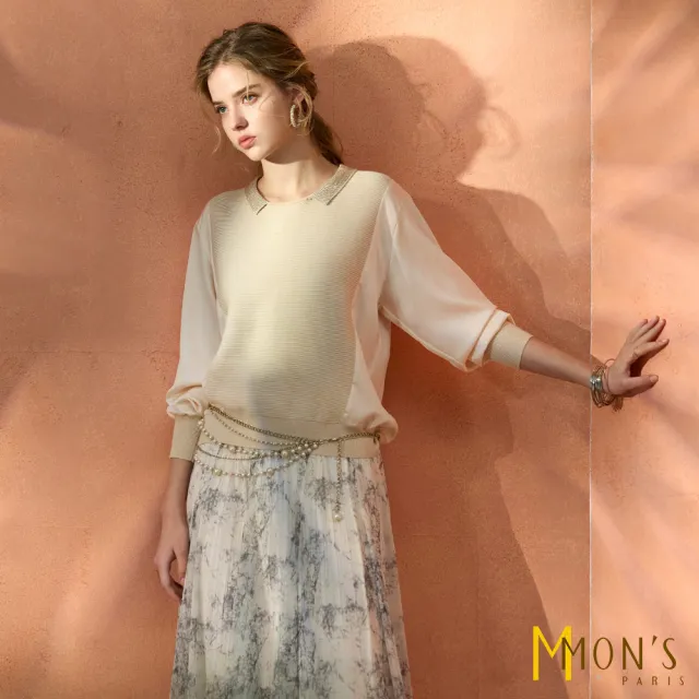 【MON’S】水鑽領拼接針織上衣(直)