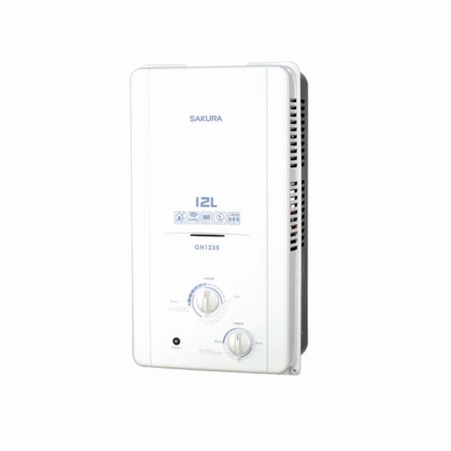  SAKURA櫻花牌 GH-1235 瓦斯熱水器，臺灣原廠製造，採用RF自然排氣設計，電子式自動點火與機械控溫功能，提供穩定12L/min熱水輸出。支援天然瓦斯（25.58 kW）與液化瓦斯（24.5 kW），熱效率高達83.1%，能源效率第二級。尺寸390x260x725mm，110V電壓，BSMI認證R51085，1年保固。適閤家庭使用，快速供應熱水，節能環保，安裝簡易，是理想的瓦斯熱水器選擇。 