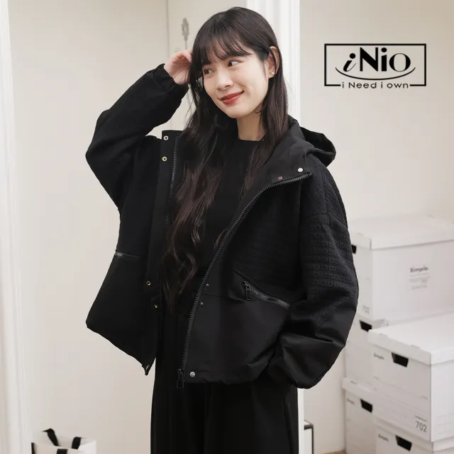 【iNio 衣著美學】拼接立體紋連帽保暖外套 短版剪裁 拉鍊口袋 設計休閒外套 CEW4841