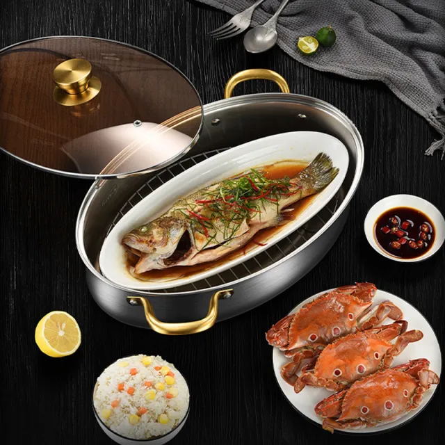 【PUSH!】廚房用品 304不銹鋼雙耳蒸魚鍋 橢圓形蒸鍋 大容量海鮮鍋(蒸鍋 蒸魚鍋套裝 D315)