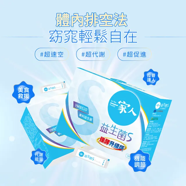 【YM BIOMED 陽明生醫】一家人益生菌S版6盒組加贈20包(30包/盒  強酵升級 專利益菌  代謝順暢 藤黃果)