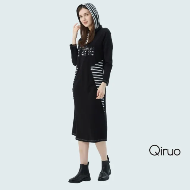【Qiruo 奇若名品】厚磅棉質 拉鍊式黑白條紋長袖洋裝7207F