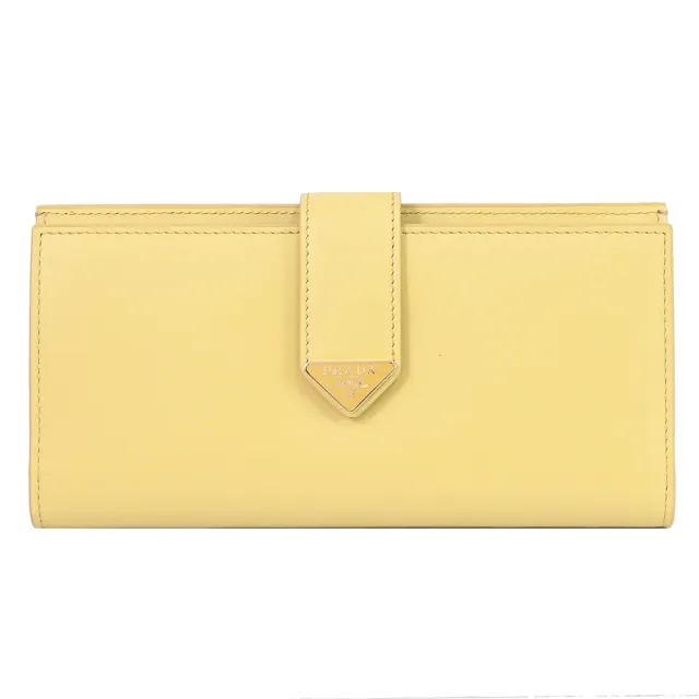 【PRADA 普拉達】經典浮雕LOGO多夾層扣式零錢長夾(淺黃)
