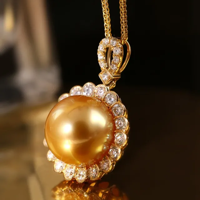 【海斯珠寶】13-14mm 天然南洋金珠 18K金鑽石吊墜 太陽花設計 濃金色 正圓強光 環鑽包鑲 奢華設計質感