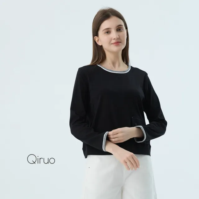 【Qiruo 奇若名品】純棉質圓領 滾白線條 長袖黑色上衣 4030A 