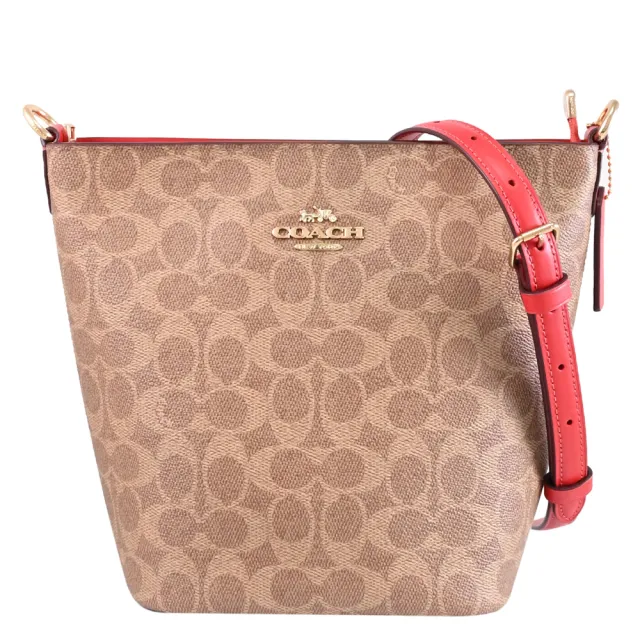 【COACH】經典LOGO滿版C字印花拼接水桶包斜背包(駝/紅)