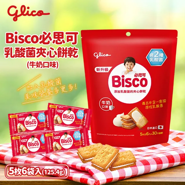 【Glico 格力高】官方直營 Bisco必思可 乳酸菌夾心餅乾 牛奶/草莓-口味任選(6入) (點心/餅乾/零食)