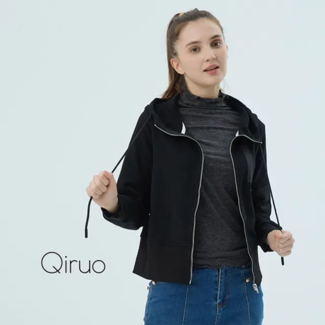 【Qiruo 奇若名品】防風布料 連帽短版夾克式拉鍊黑色連帽外套7155E 
