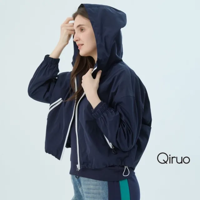 【Qiruo 奇若名品】防風防水 夾克式拉鍊連帽外套深藍色7200E
