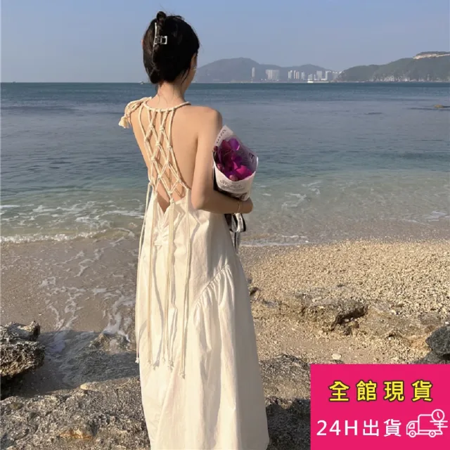 【AS 梨卡】削肩美背洋裝 海邊綁帶長裙 長裙洋裝 夏天掛脖連身裙 C6510