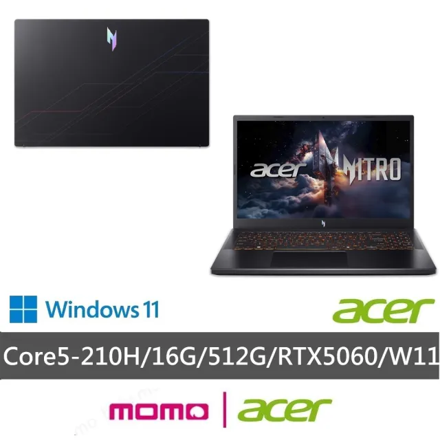 【Acer 宏碁】15.6吋Core5輕薄電競筆電(Nitro V/ANV15-52-52CL/Core5-210H/16G/512G/RTX5060/W11)