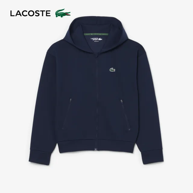 【LACOSTE】女裝-拉鍊式連帽運動長袖T(海軍藍)
