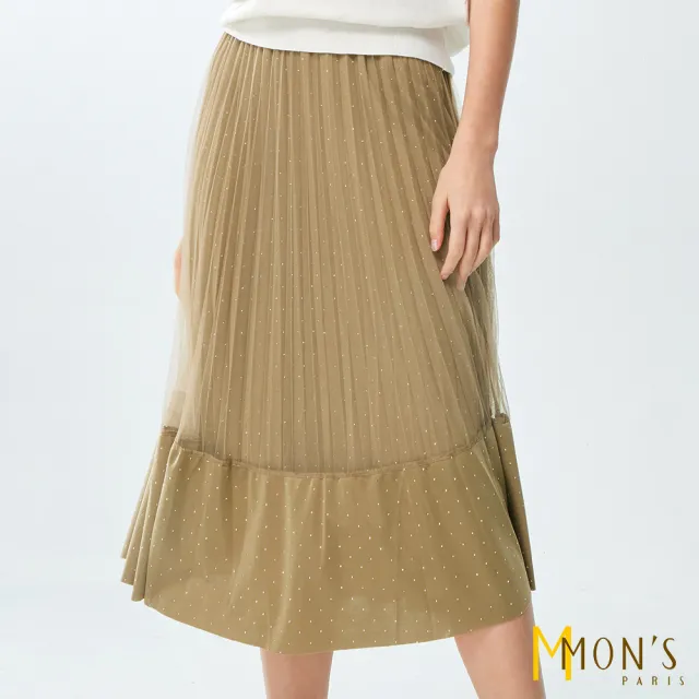 【MON’S】繁星燙鑽拼接網紗百摺裙(直)