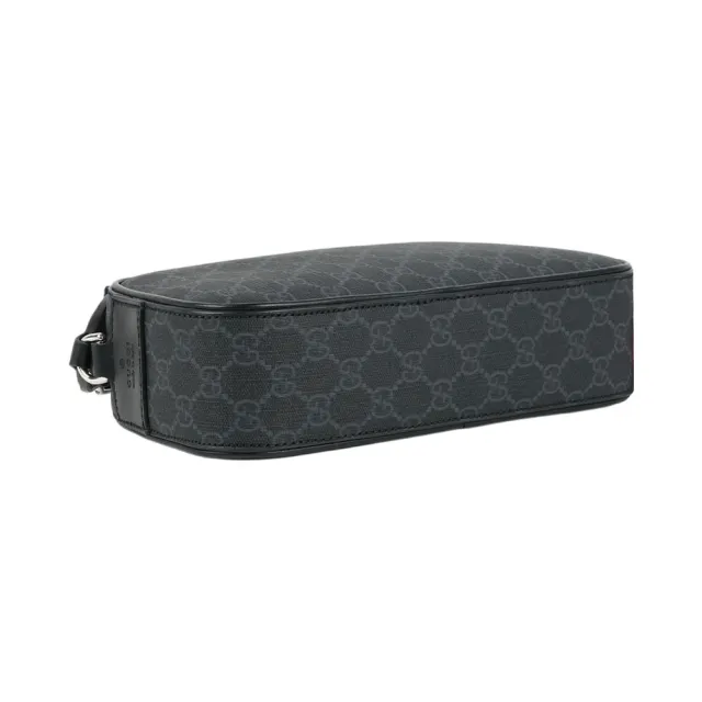 【GUCCI 古馳】GG Supreme 藍紅背帶拉鍊斜背包(黑灰色)