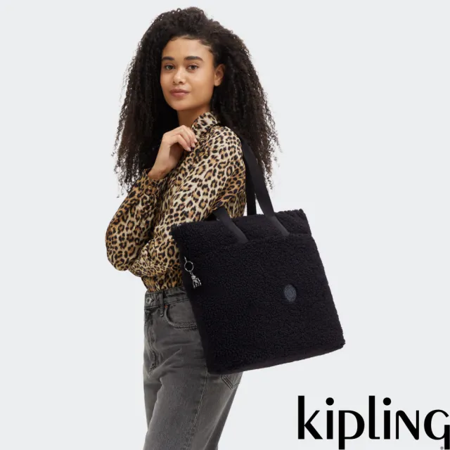 【KIPLING】黑色羊羔毛大容量肩背托特包-GLYNN