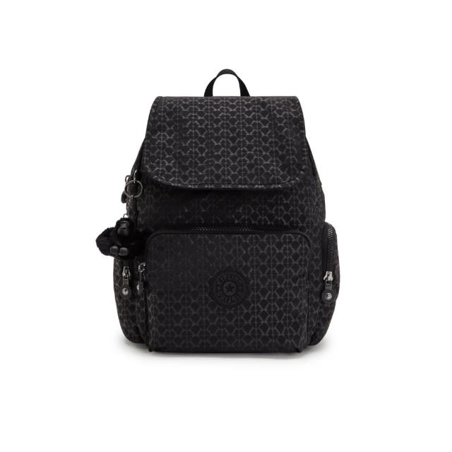 【KIPLING】『猴子包』經典黑菱格紋印花掀蓋拉鍊後背包-CITY ZIP S 女包