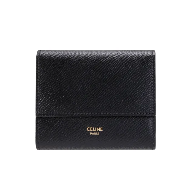 【CELINE】燙金LOGO粒面小牛皮三折短夾(黑色)