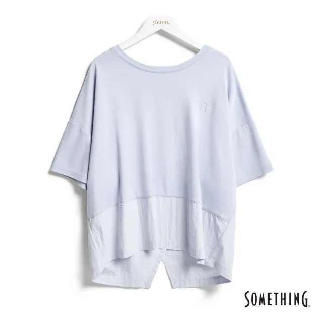 【SOMETHING】女裝 異素材拼接短袖T恤(淡藍色)