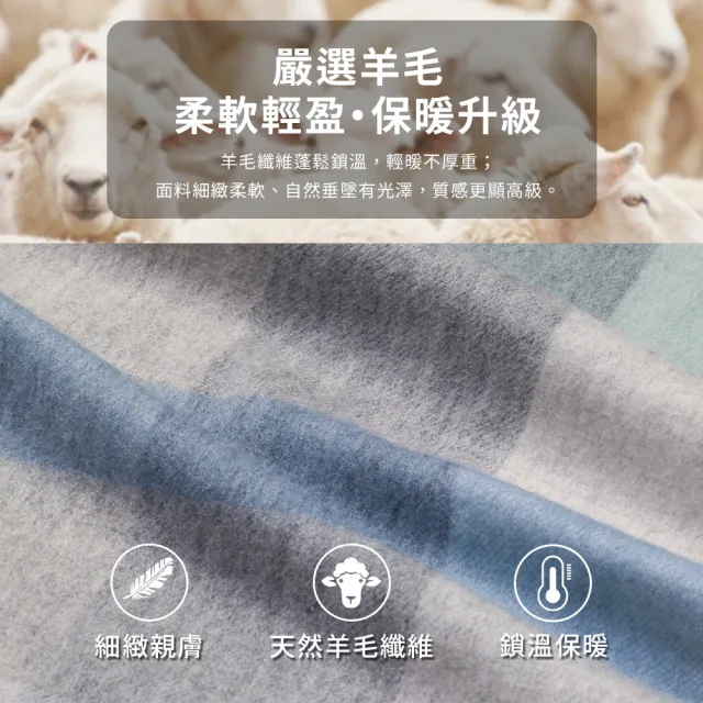 【pierre cardin 皮爾卡登】100%純綿羊毛格紋時尚高級感外搭保暖圍巾-灰藍格(26F11-92)