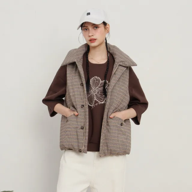 【MASTINA】活動帽千鳥格鋪棉背心 卡 咖(魅力商品)