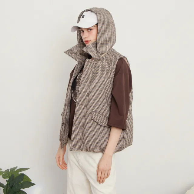 【MASTINA】活動帽千鳥格鋪棉背心 卡 咖(魅力商品)