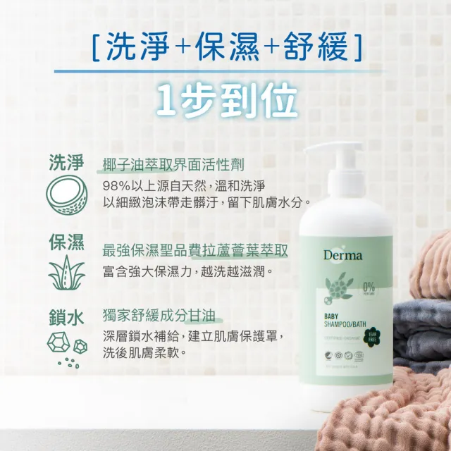 【Derma 丹麥德瑪】寶寶有機水嫩洗髮沐浴露家庭號 500ml(嬰兒/寶寶/不流淚配方/三合一)