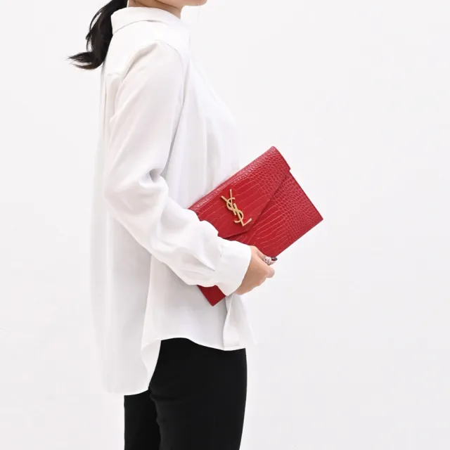 【YSL】金屬LOGO鱷魚紋小牛皮信封造型大手拿包晚宴包(紅 大款)