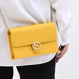 【GUCCI 古馳】WOC 金屬雙G LOGO小牛皮肩斜三用晚宴包鍊包(黃)