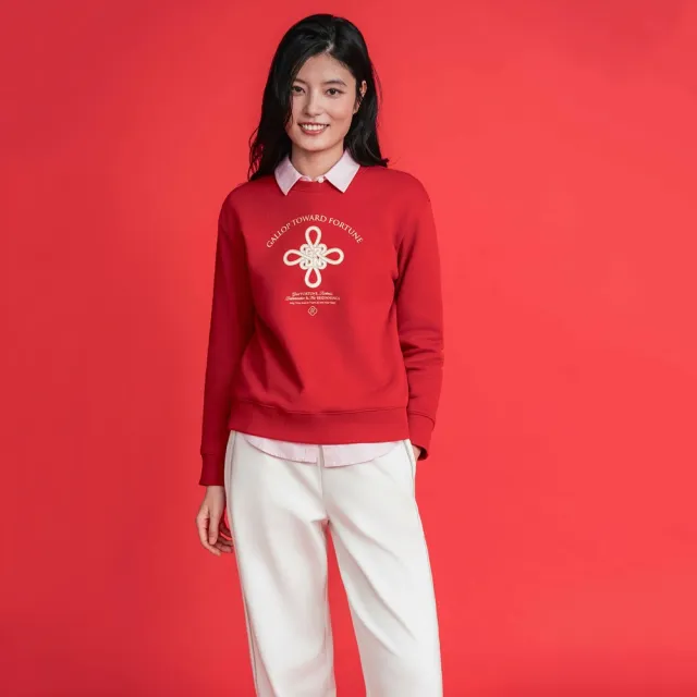 【GIORDANO 佐丹奴】女裝寬鬆圓領印花大學T(39 高貴紅)
