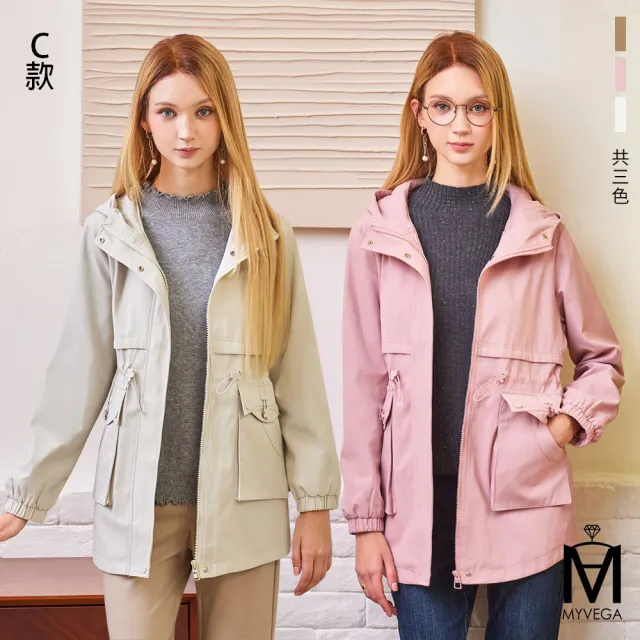 【MYVEGA 麥雪爾】MA小花收腰/斜剪接/翻領排釦綁帶風衣外套-多款任選(連帽外套/風外/新年紅色開運)