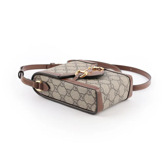 【GUCCI 古馳】Horsebit 1955 GG Supreme帆布手機斜背包(棕色)