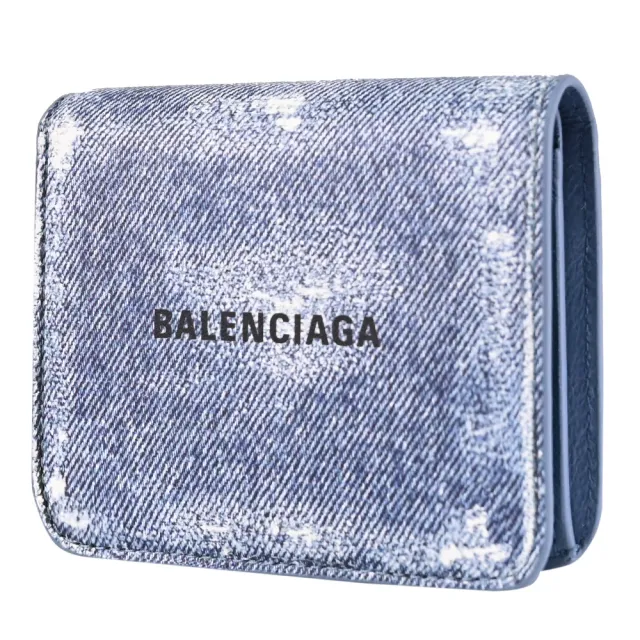 【Balenciaga 巴黎世家】經典LOGO丹寧紋Nappa皮扣式零錢中短夾(藍)