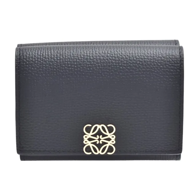 【LOEWE 羅威】經典Anagram品牌LOGO鵝卵石紋小牛皮三折短夾(黑/金)