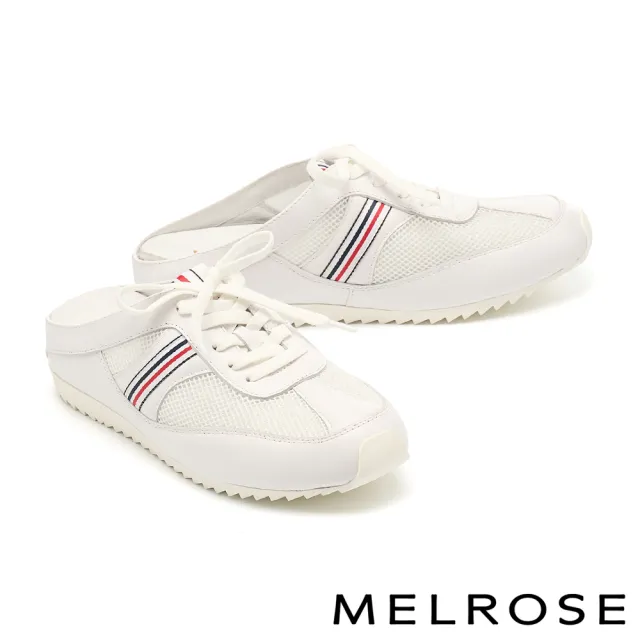 【MELROSE】美樂斯 率性舒適紅藍織帶異材質綁帶厚底休閒穆勒拖鞋(白)