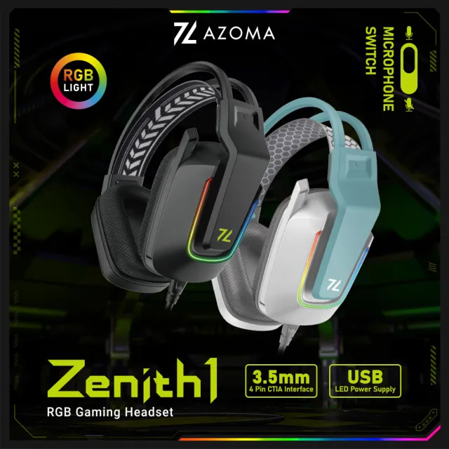 【AZOMA】Zenith1 RGB 電競耳機麥克風 邊界黑/幻綠白 耳機 麥克風(耳麥 入門款)