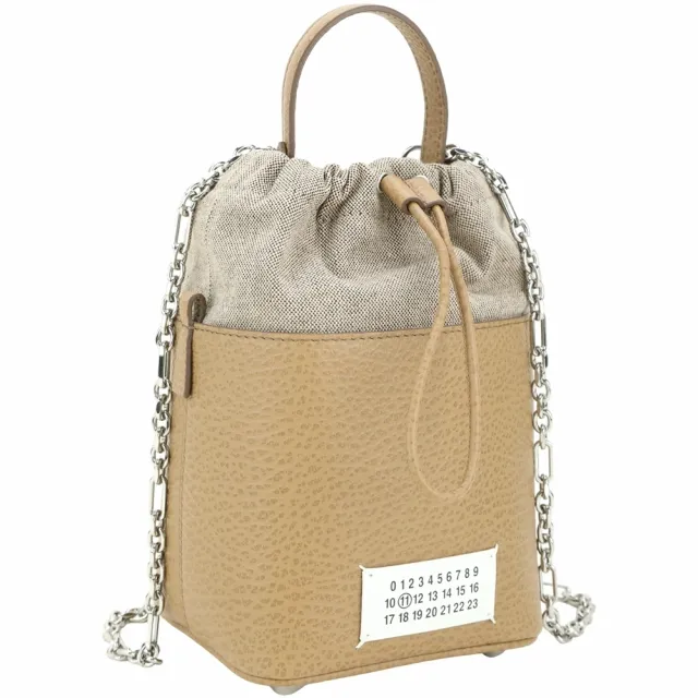 【MM6 MAISON MARGIELA】5AC 小款 粒面牛皮帆布束口水桶包-卡其色 法國精品