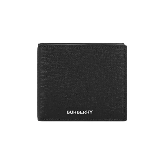 【BURBERRY 巴寶莉】銀色Logo 紋理牛皮對開8卡短夾(黑色)